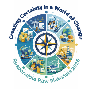 Graphic for RRM 2026. This represents a compass, where every point connects to another element related to raw materials and certainty. The theme of the conference: Creating certainty in a wolrd of change, is outlined above the compass, while the name: Responsible Raw Materials 2026, is below.
